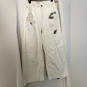 Anthropologie Pilcro Embroidered Wide Leg Cream Jeans